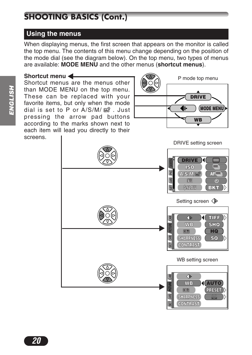 Shooting basics (cont.), Using the menus | Olympus CAMEDIA C-3020 Zoom User Manual | Page 20 / 180