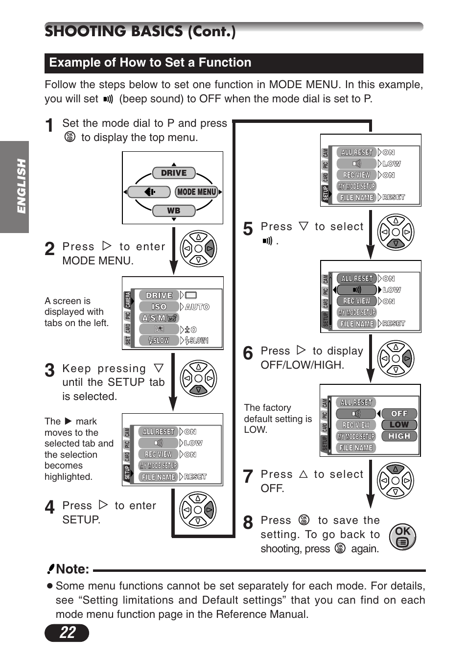 Shooting basics (cont.), Example of how to set a function, English | Press, Keep pressing, Until the setup tab is selected, Press ñ to select off | Olympus CAMEDIA C-3020 Zoom User Manual | Page 22 / 180