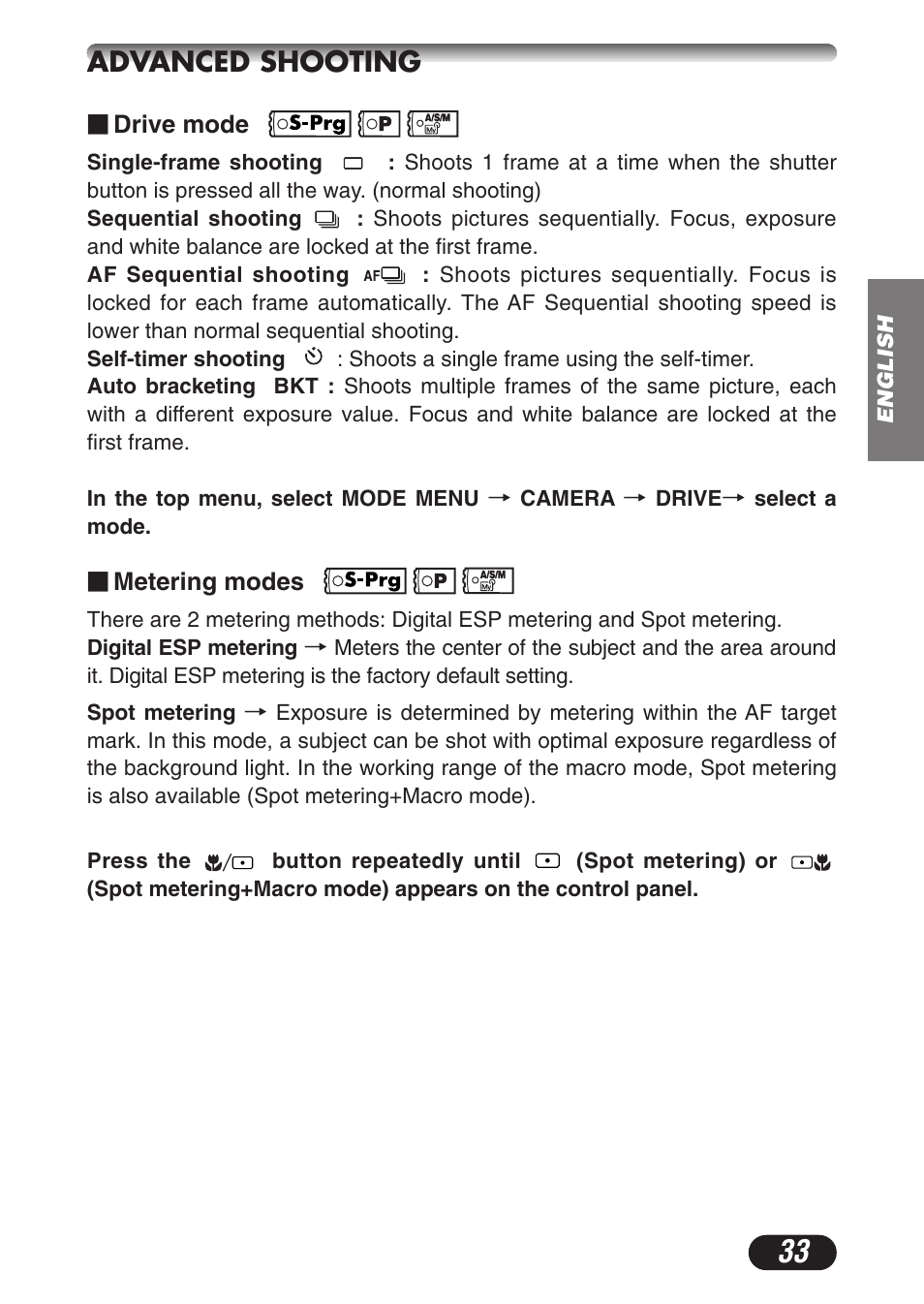 Advanced shooting | Olympus CAMEDIA C-3020 Zoom User Manual | Page 33 / 180