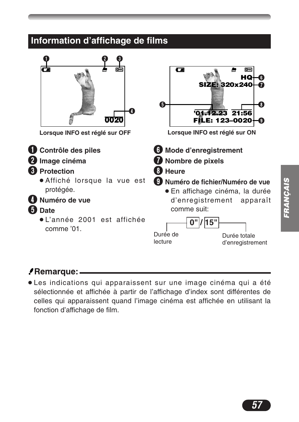 Information d’affichage de films | Olympus CAMEDIA C-3020 Zoom User Manual | Page 57 / 180