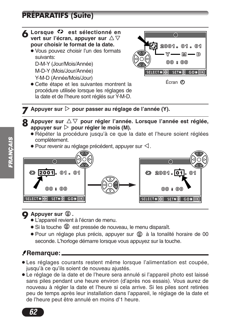 Préparatifs (suite) | Olympus CAMEDIA C-3020 Zoom User Manual | Page 62 / 180