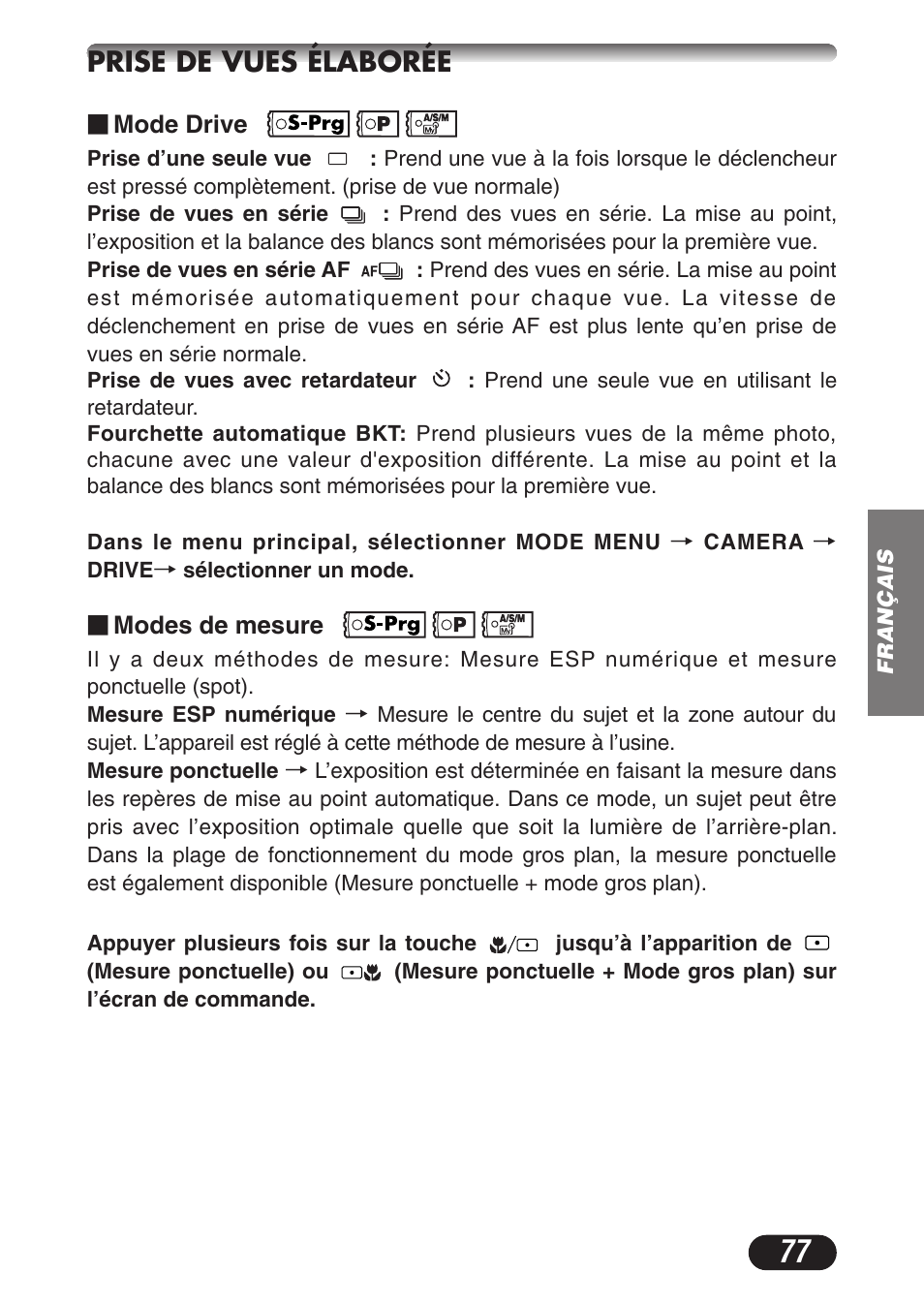 Prise de vues élaborée | Olympus CAMEDIA C-3020 Zoom User Manual | Page 77 / 180