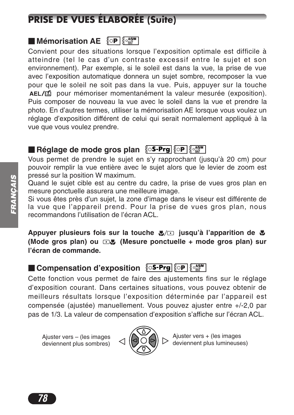 Prise de vues élaborée (suite) | Olympus CAMEDIA C-3020 Zoom User Manual | Page 78 / 180