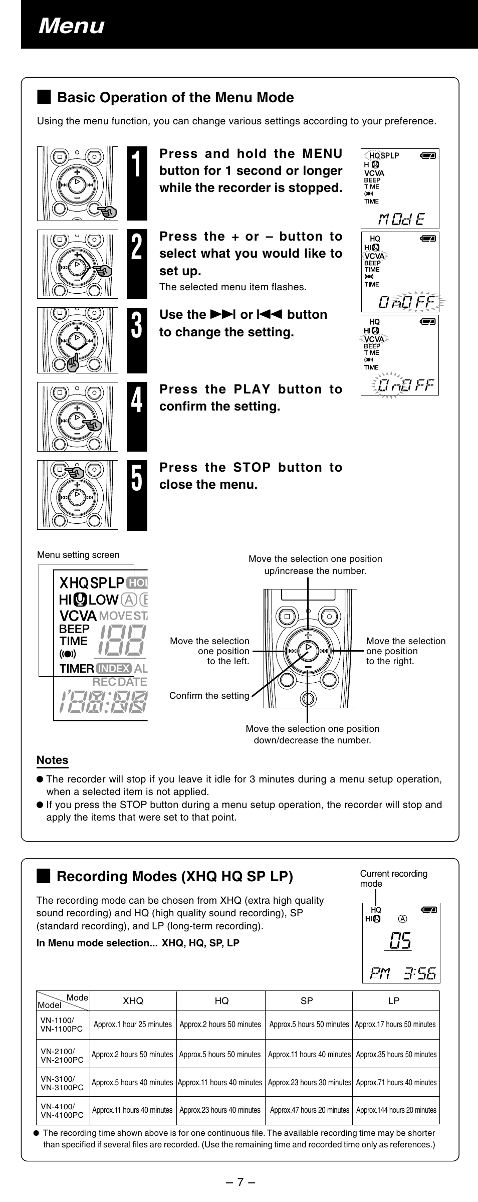 Menu, Recording modes (xhq hq sp lp), Basic operation of the menu mode | Olympus VN 4100PC User Manual | Page 7 / 10