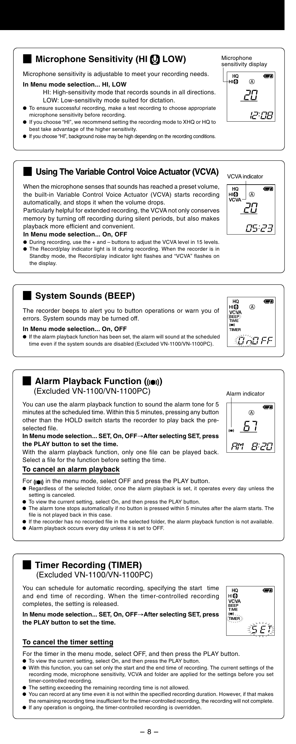 Using the variable control voice actuator (vcva), Microphone sensitivity (hi low), Timer recording (timer) | System sounds (beep), Alarm playback function ( ) | Olympus VN 4100PC User Manual | Page 8 / 10