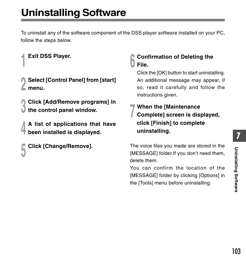 Uninstalling software | Olympus DS-50 User Manual | Page 103 / 163