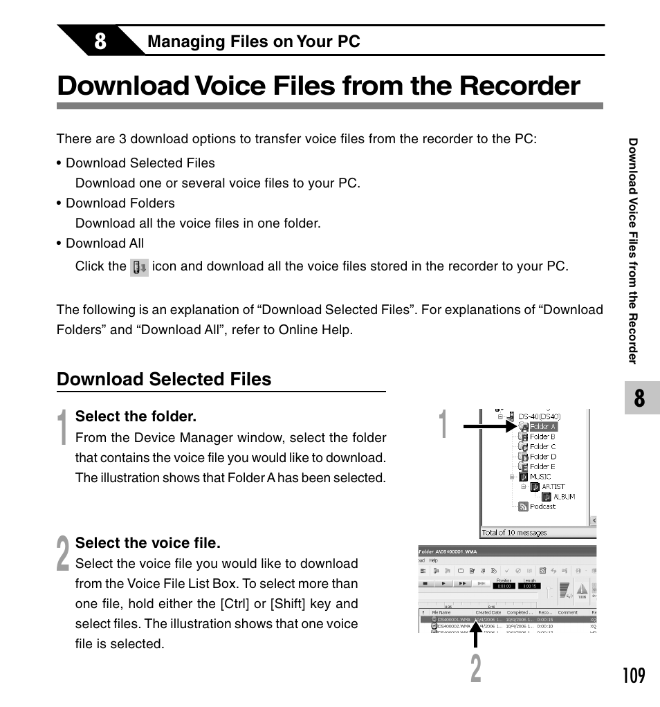 Download voice files from the recorder | Olympus DS-50 User Manual | Page 109 / 163