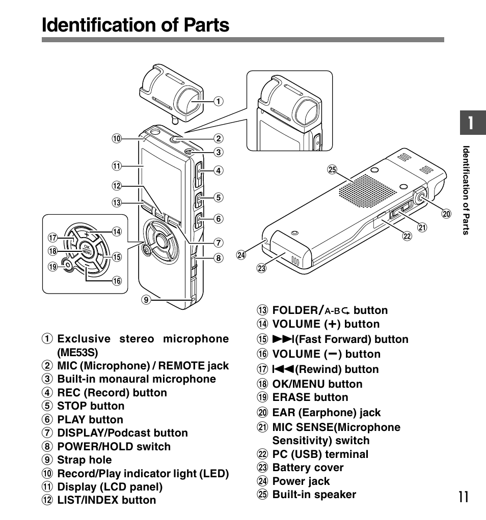 Identification of parts | Olympus DS-50 User Manual | Page 11 / 163