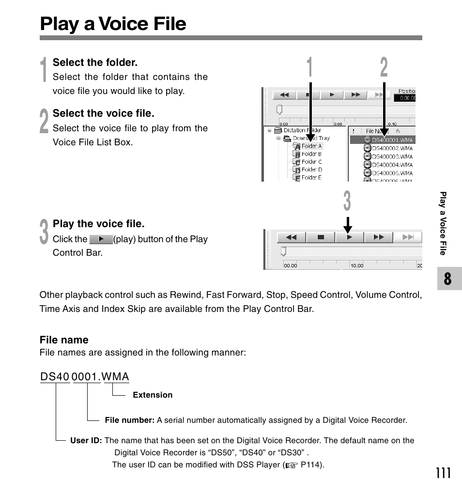Play a voice file | Olympus DS-50 User Manual | Page 111 / 163
