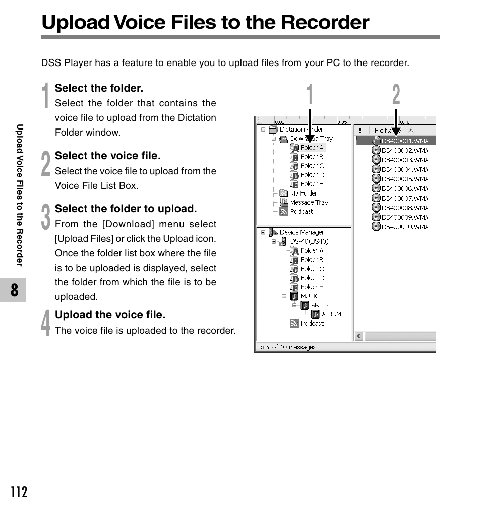 Upload voice files to the recorder | Olympus DS-50 User Manual | Page 112 / 163