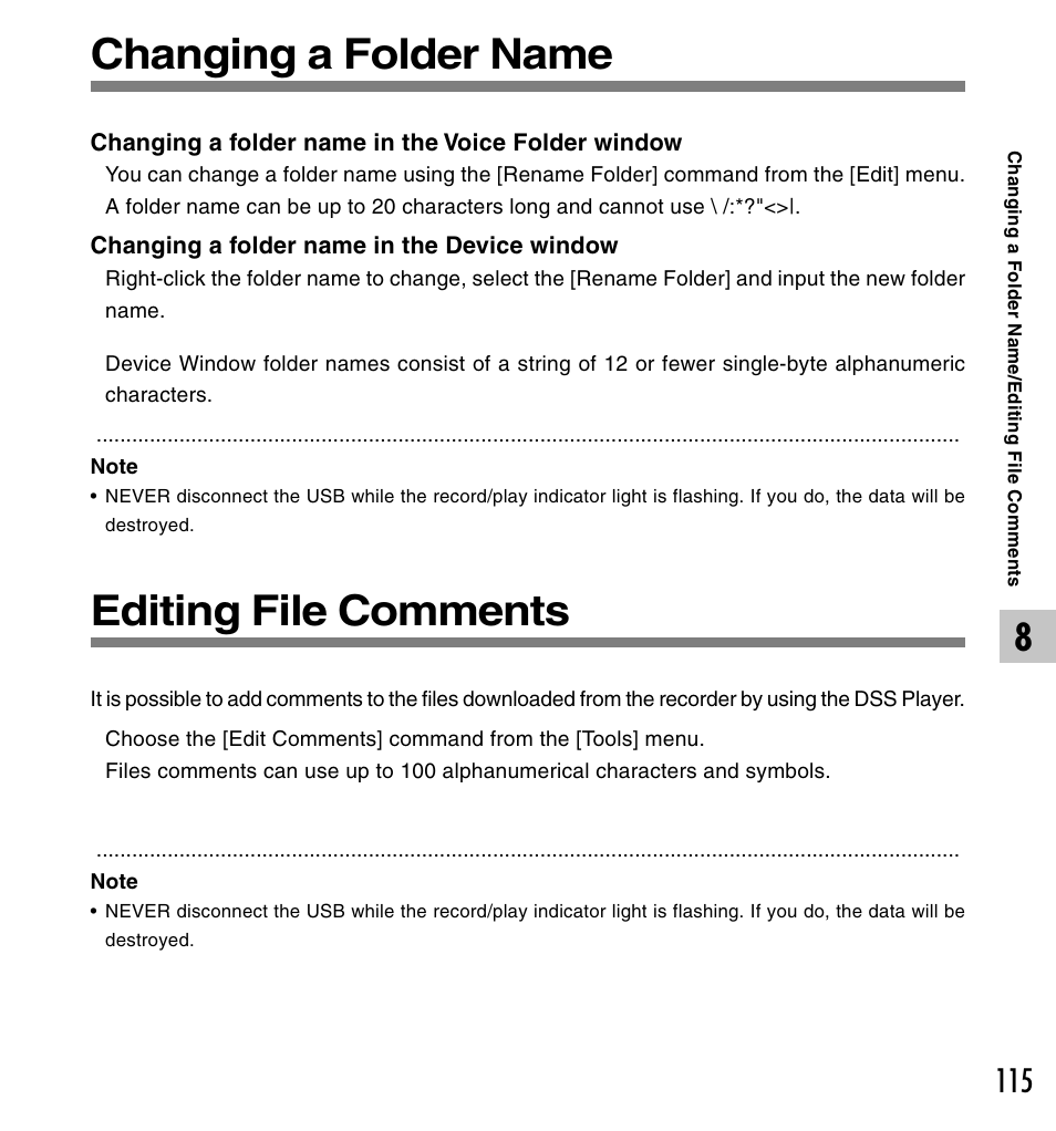 Changing a folder name, Editing file comments | Olympus DS-50 User Manual | Page 115 / 163