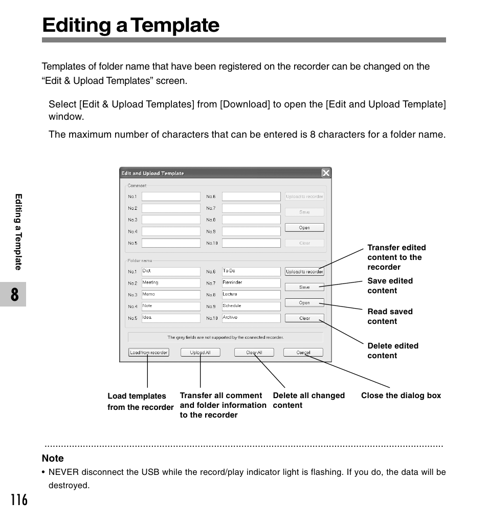 Editing a template | Olympus DS-50 User Manual | Page 116 / 163