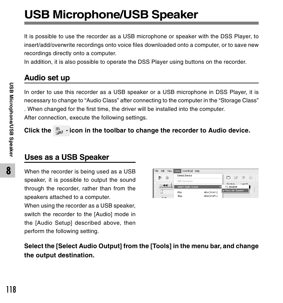 Usb microphone/usb speaker, Audio set up, Uses as a usb speaker | Olympus DS-50 User Manual | Page 118 / 163
