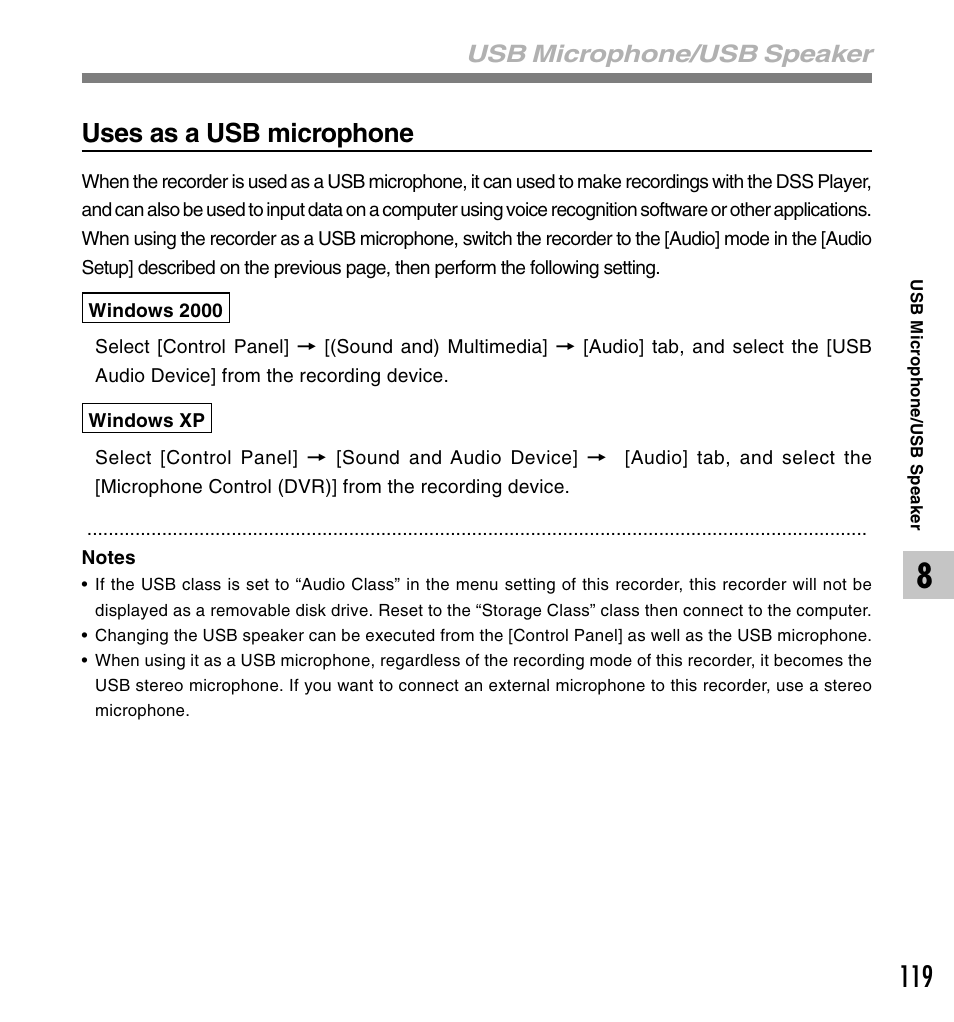 Uses as a usb microphone, Usb microphone/usb speaker | Olympus DS-50 User Manual | Page 119 / 163