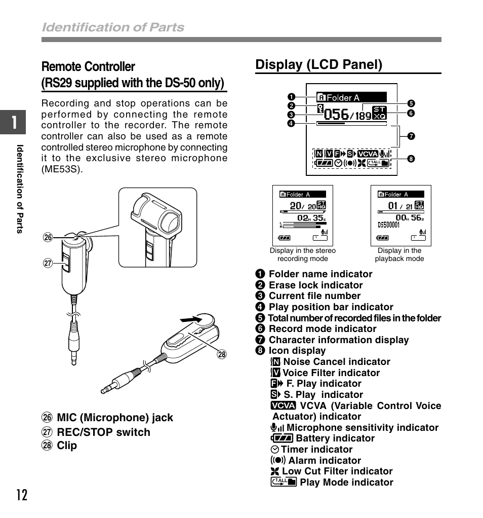 Display (lcd panel), Identification of parts | Olympus DS-50 User Manual | Page 12 / 163