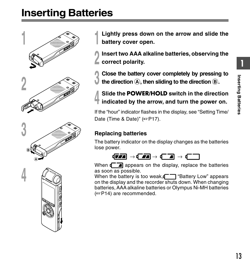 Inserting batteries | Olympus DS-50 User Manual | Page 13 / 163