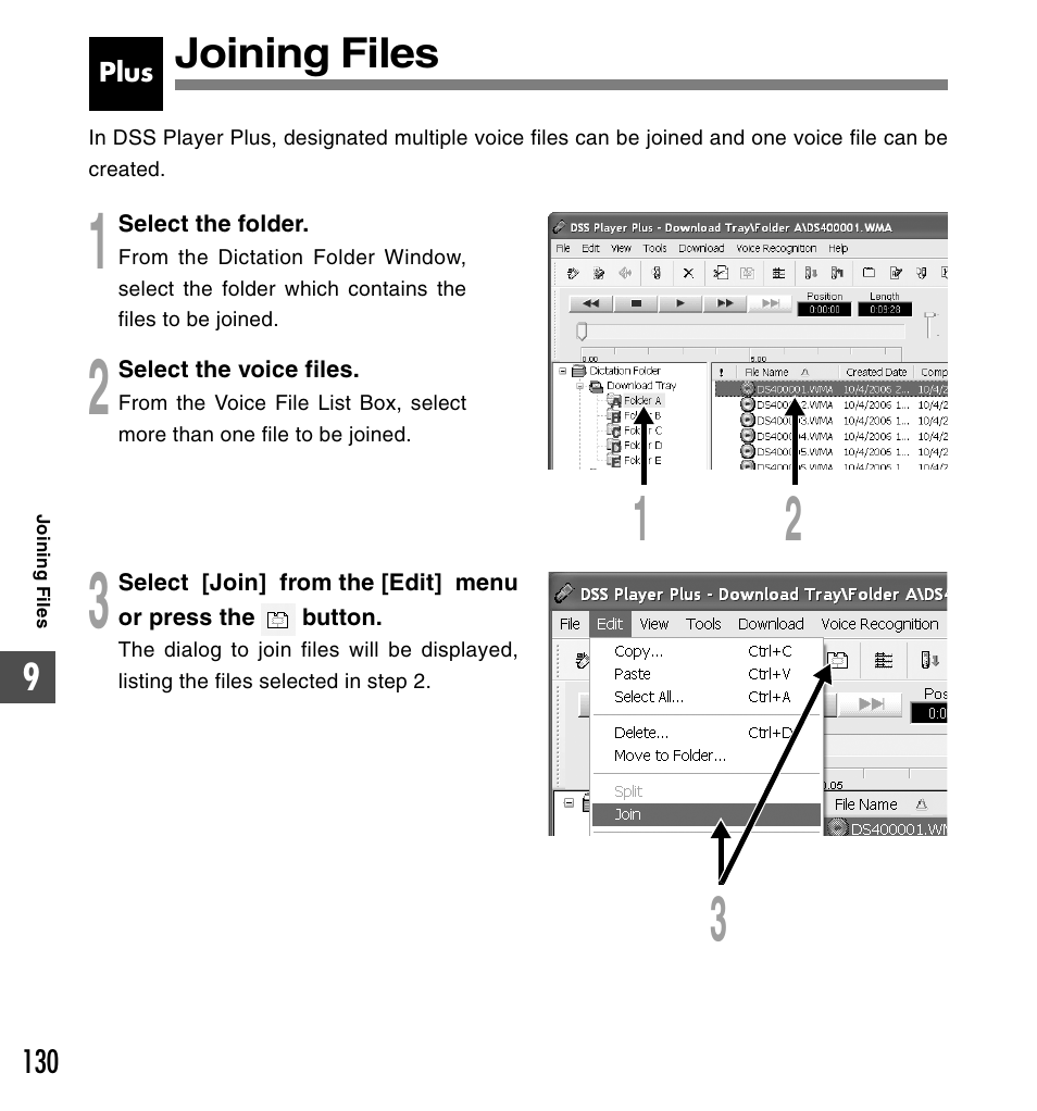 Joining files | Olympus DS-50 User Manual | Page 130 / 163