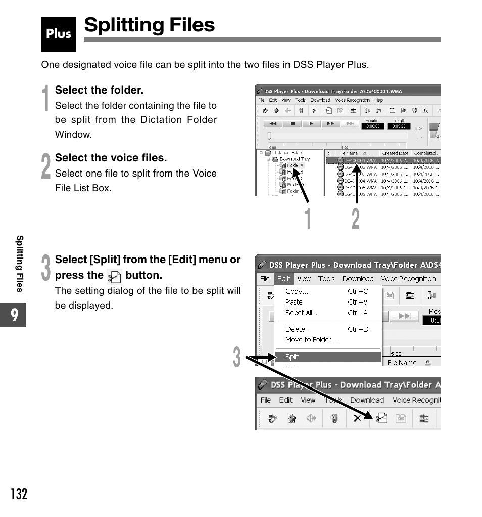 Splitting files | Olympus DS-50 User Manual | Page 132 / 163