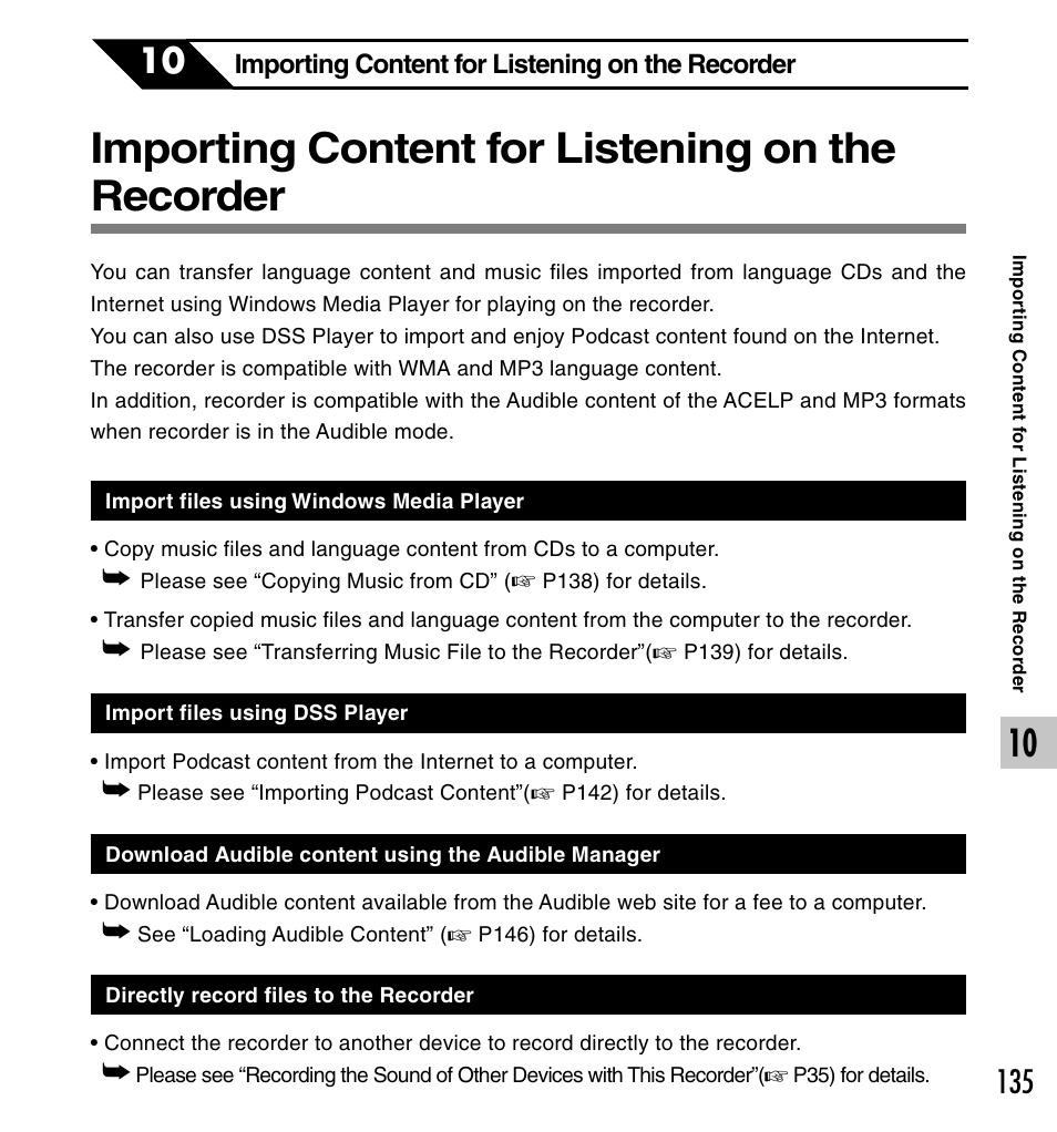 Importing content for listening on the recorder | Olympus DS-50 User Manual | Page 135 / 163