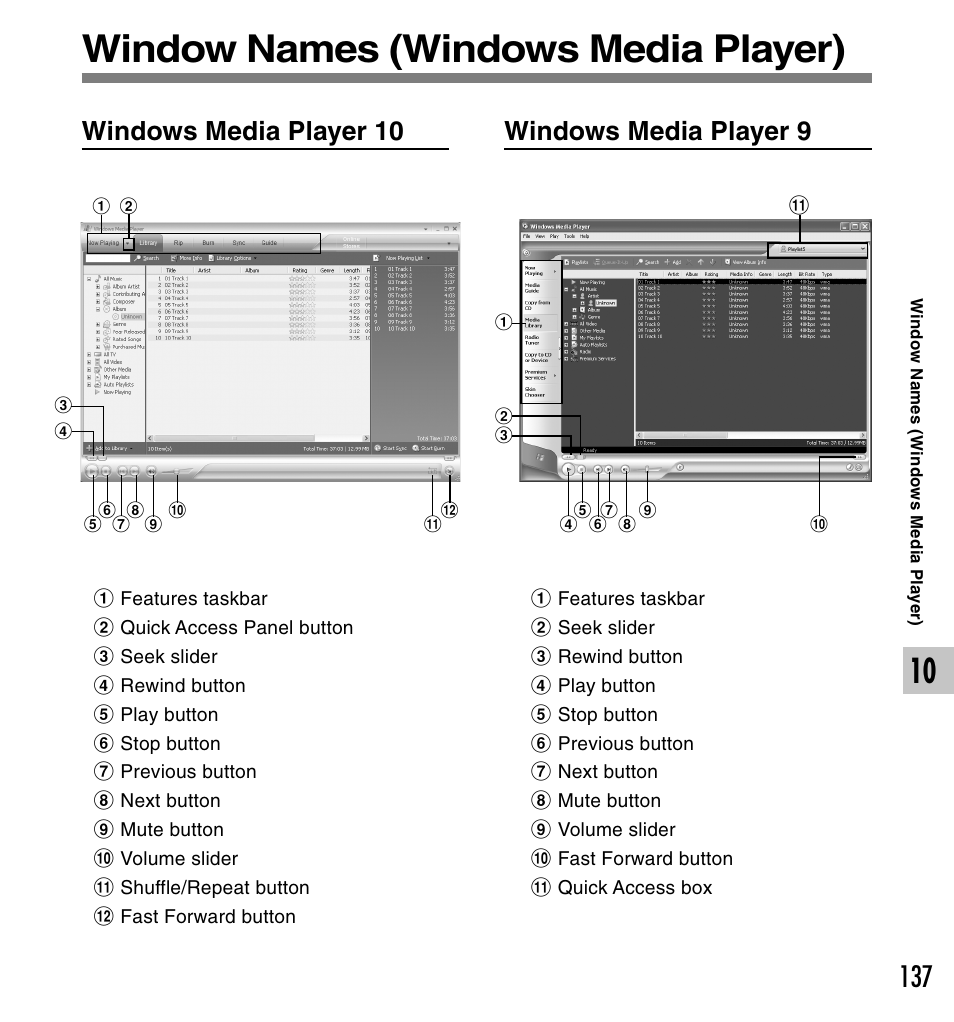 Window names (windows media player), Windows media player 10, Windows media player 9 | Olympus DS-50 User Manual | Page 137 / 163