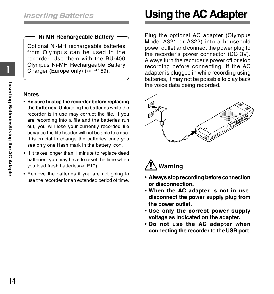 Using the ac adapter, Inserting batteries | Olympus DS-50 User Manual | Page 14 / 163
