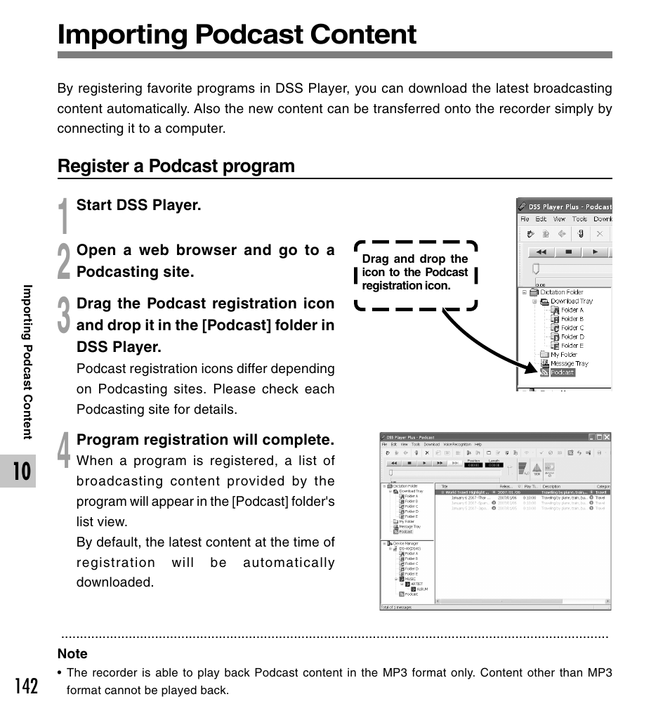Importing podcast content | Olympus DS-50 User Manual | Page 142 / 163