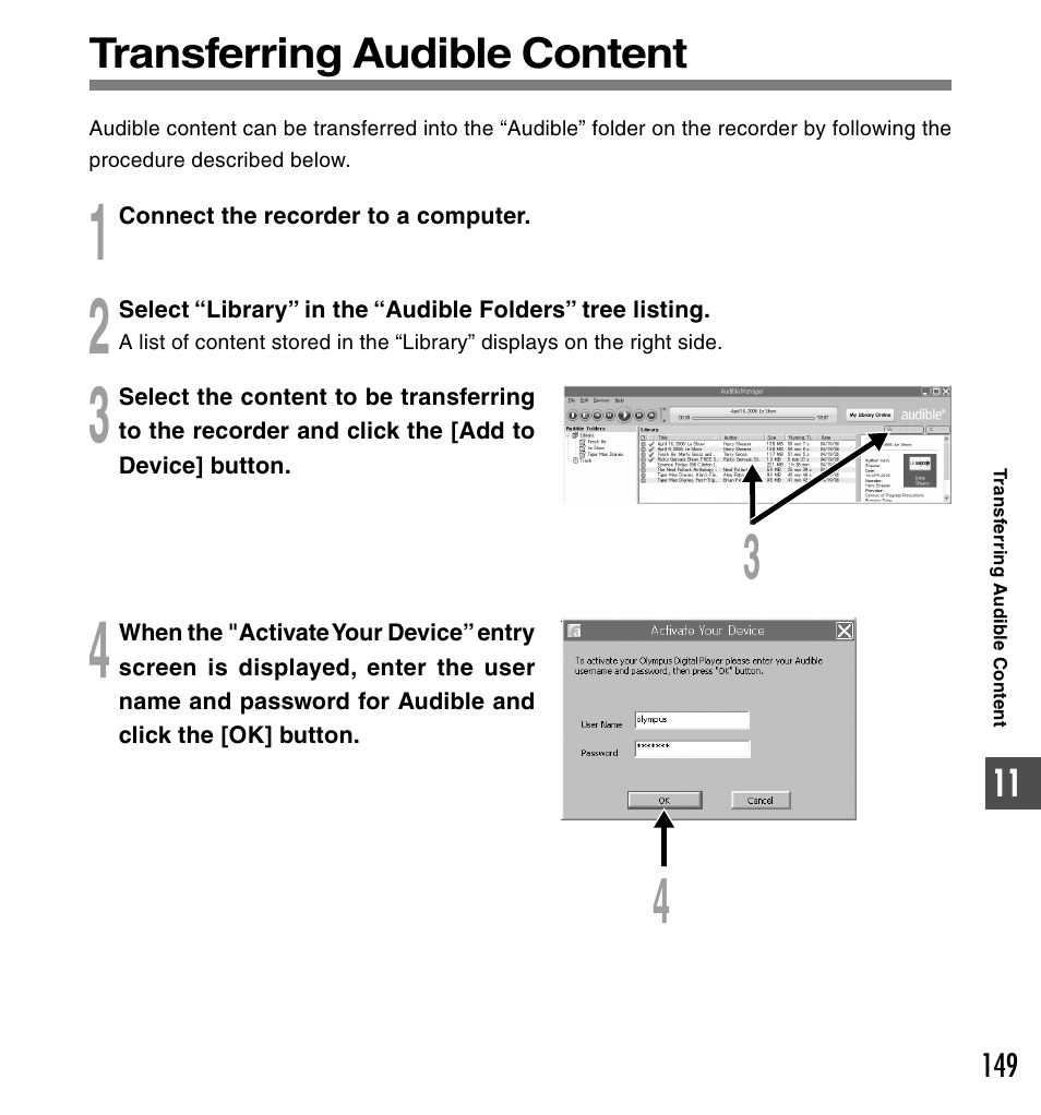 Transferring audible content | Olympus DS-50 User Manual | Page 149 / 163