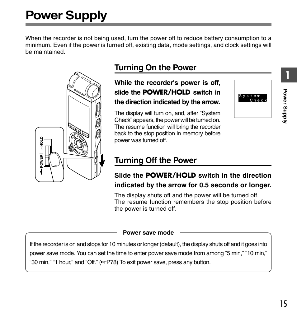 Power supply, Turning on the power, Turning off the power | Olympus DS-50 User Manual | Page 15 / 163