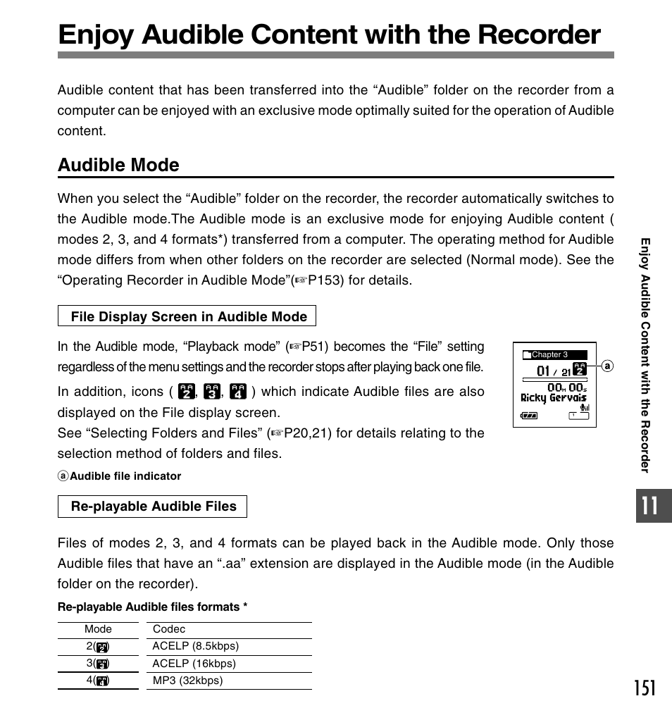 Enjoy audible content with the recorder, Audible mode | Olympus DS-50 User Manual | Page 151 / 163