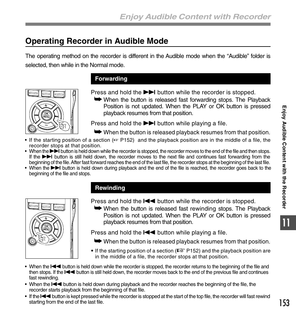 Operating recorder in audible mode, Enjoy audible content with recorder | Olympus DS-50 User Manual | Page 153 / 163