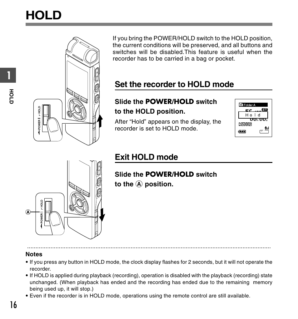Hold, Set the recorder to hold mode, Exit hold mode | Olympus DS-50 User Manual | Page 16 / 163