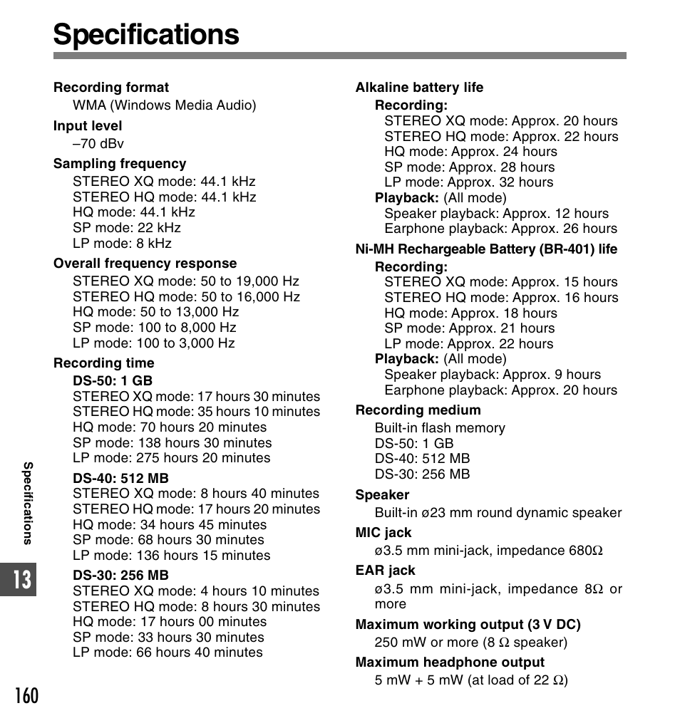 Specifications | Olympus DS-50 User Manual | Page 160 / 163