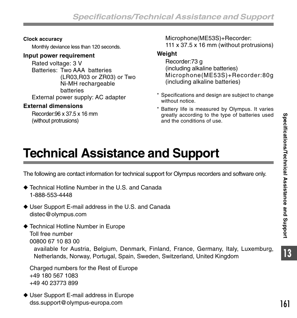 Technical assistance and support, Specifications/technical assistance and support | Olympus DS-50 User Manual | Page 161 / 163