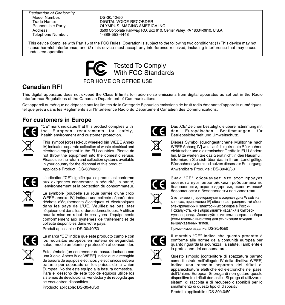 Tested to comply with fcc standards, Canadian rfi, For customers in europe | Olympus DS-50 User Manual | Page 162 / 163