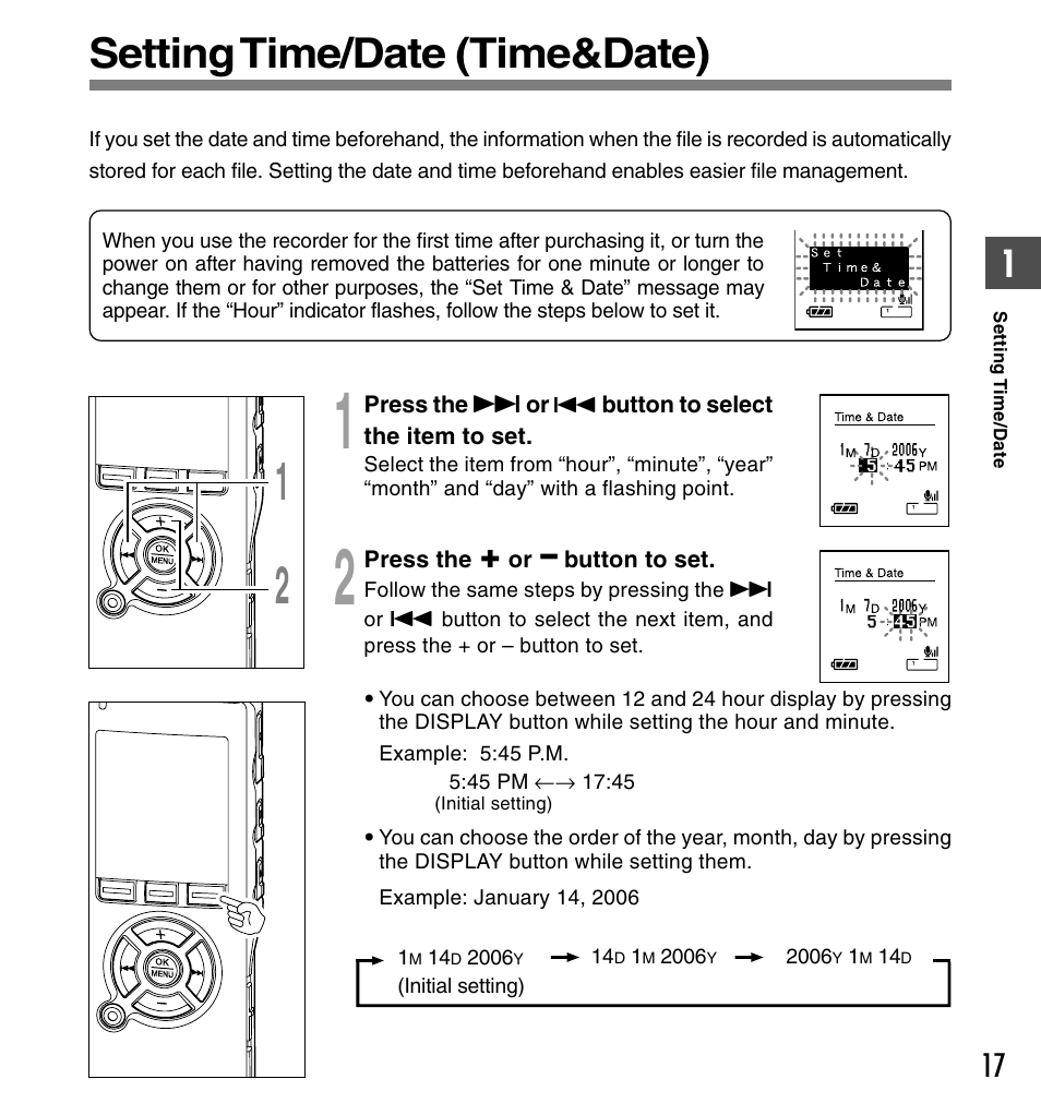 Setting time/date (time&date) | Olympus DS-50 User Manual | Page 17 / 163
