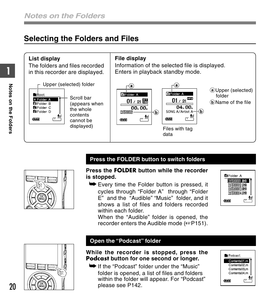Selecting the folders and files | Olympus DS-50 User Manual | Page 20 / 163