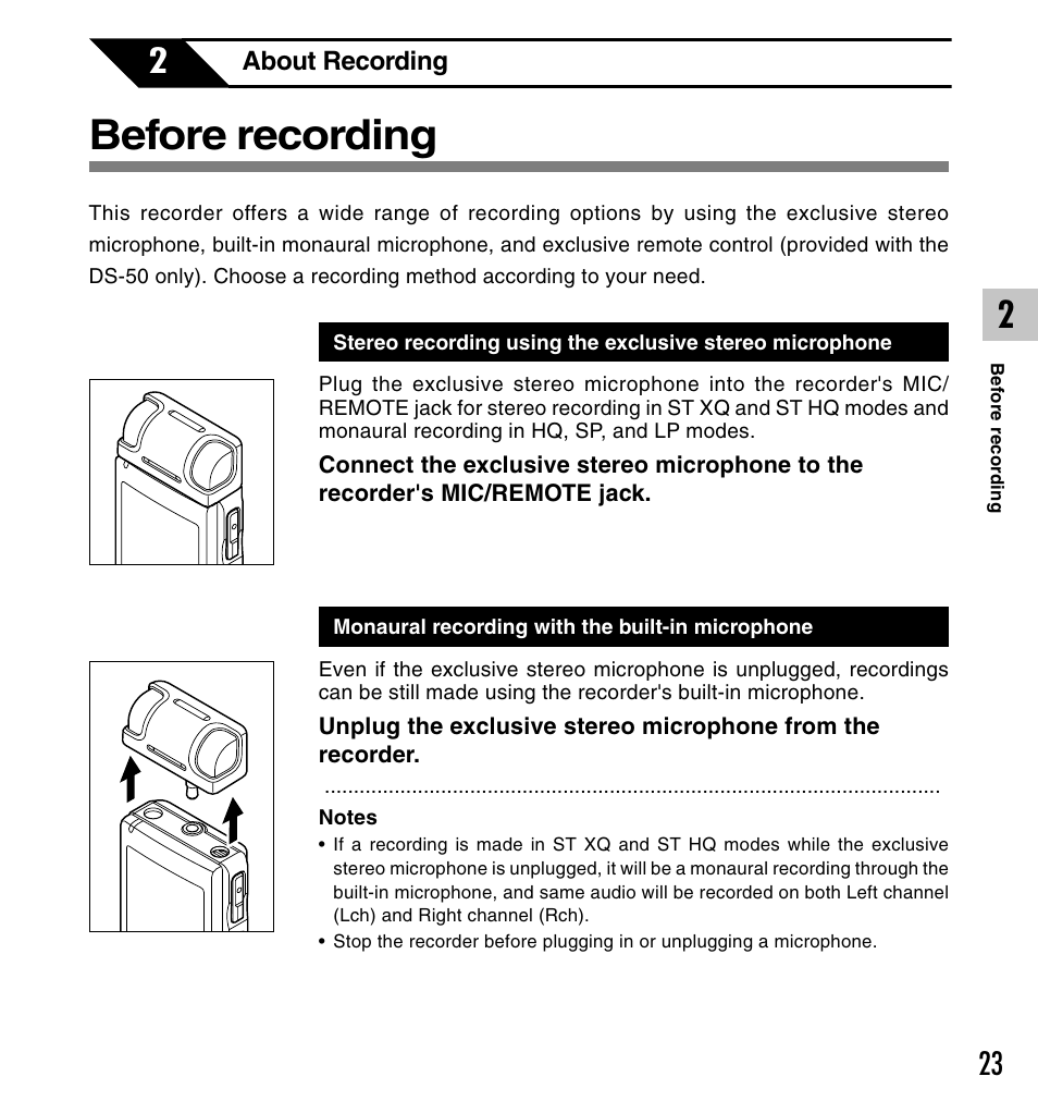 Before recording | Olympus DS-50 User Manual | Page 23 / 163