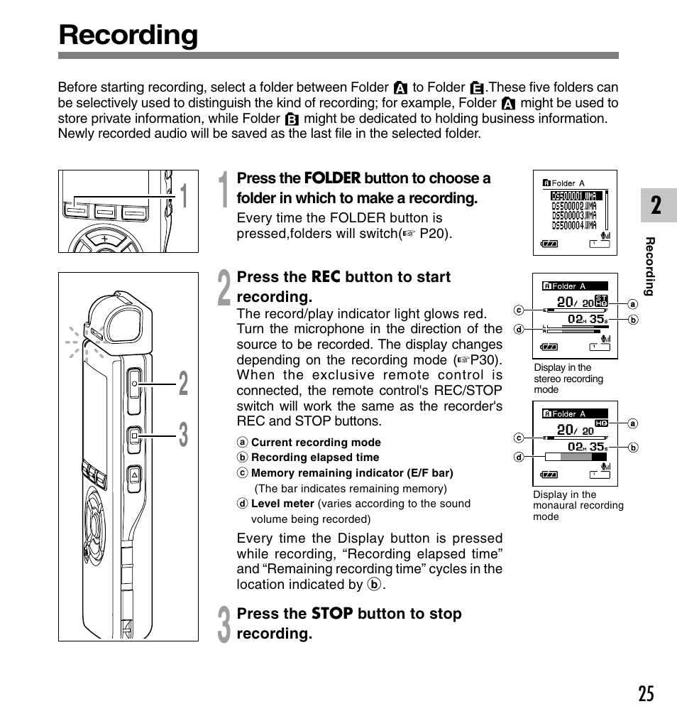 Recording | Olympus DS-50 User Manual | Page 25 / 163