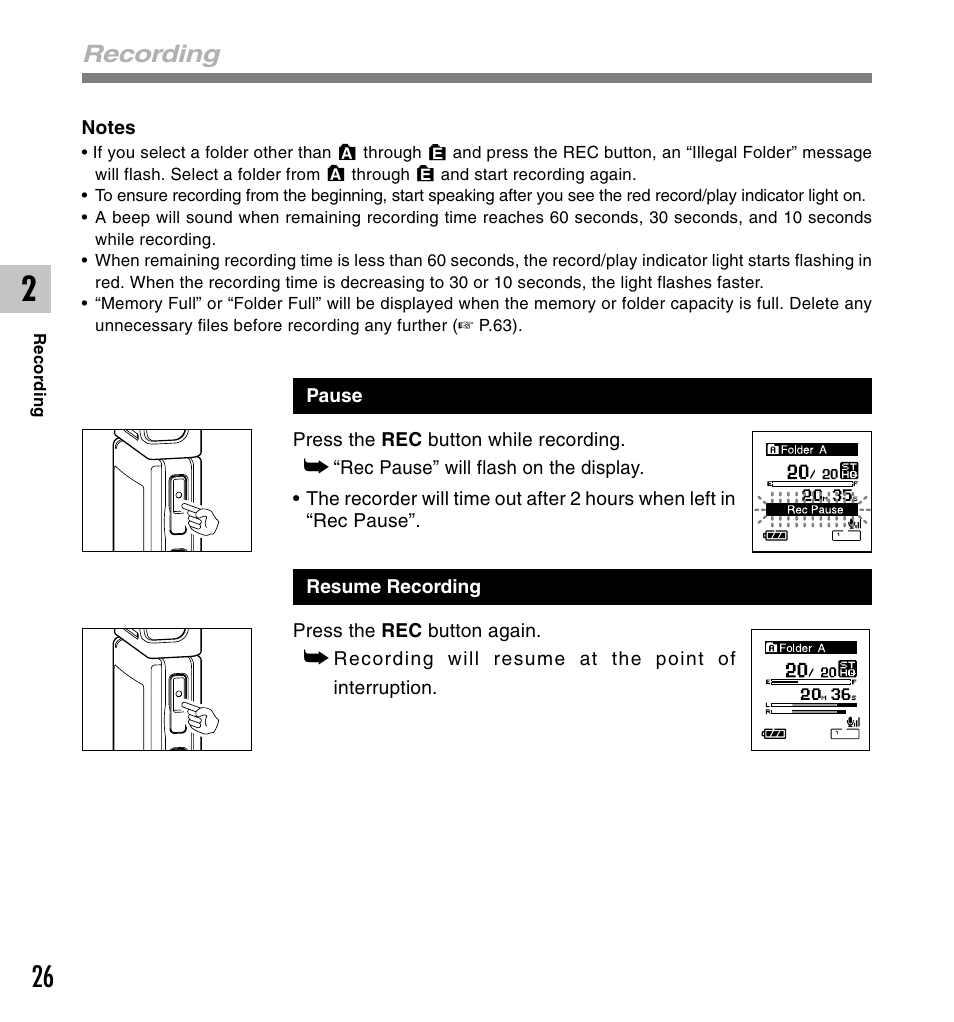 Recording | Olympus DS-50 User Manual | Page 26 / 163