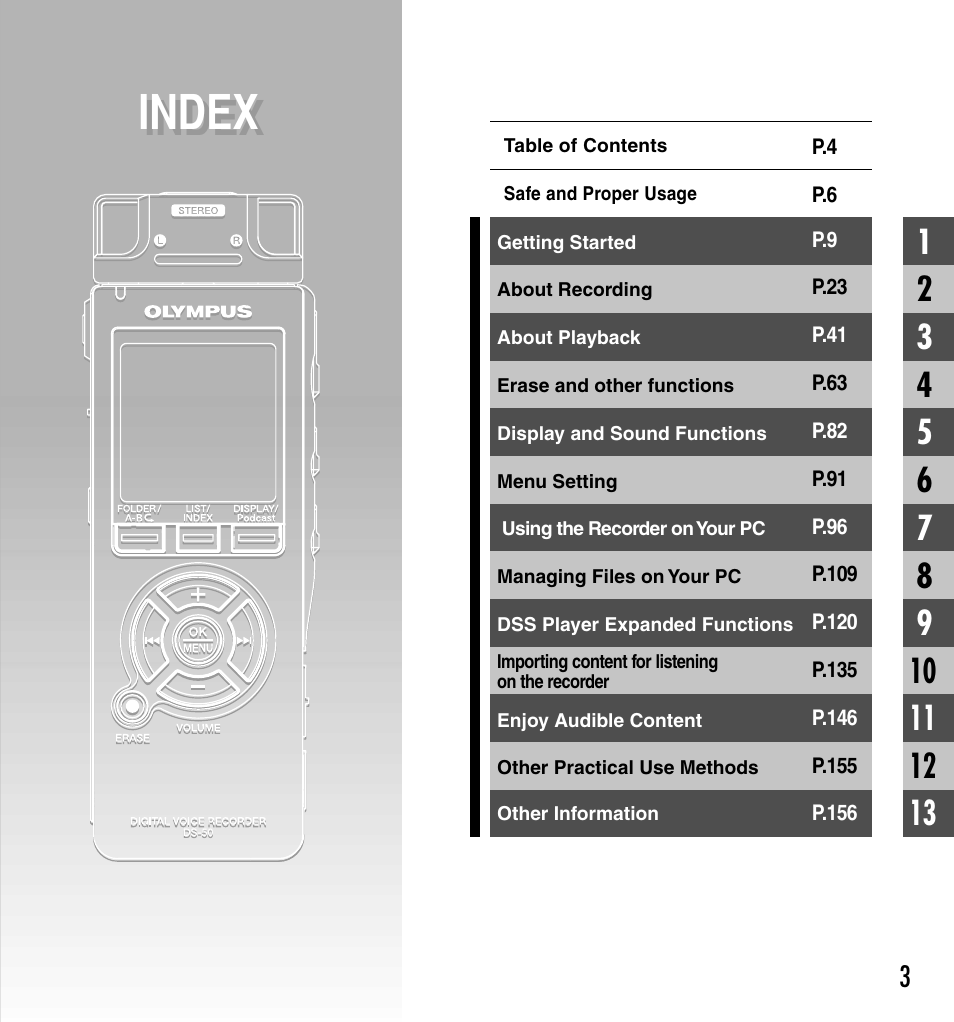 Index | Olympus DS-50 User Manual | Page 3 / 163