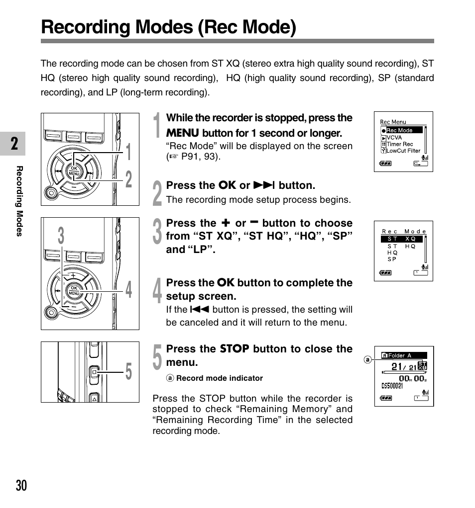 Recording modes (rec mode) | Olympus DS-50 User Manual | Page 30 / 163