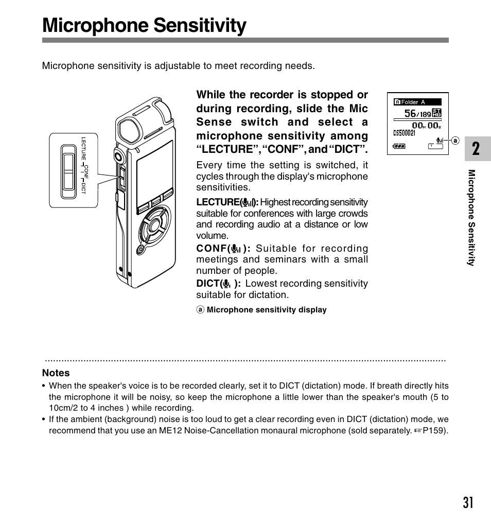 Microphone sensitivity | Olympus DS-50 User Manual | Page 31 / 163