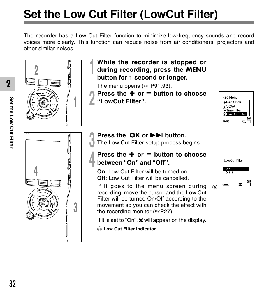 Set the low cut filter (lowcut filter) | Olympus DS-50 User Manual | Page 32 / 163