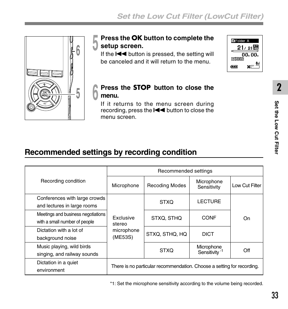 Recommended settings by recording condition | Olympus DS-50 User Manual | Page 33 / 163