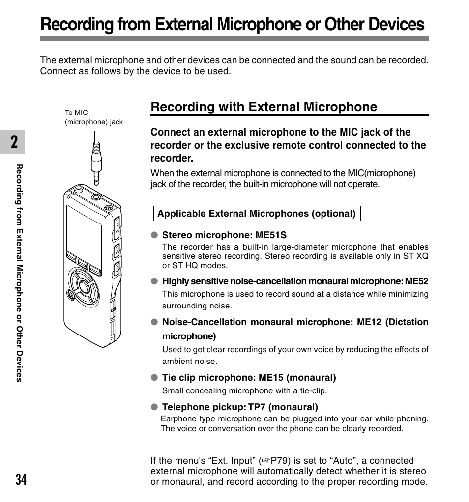 Recording with external microphone | Olympus DS-50 User Manual | Page 34 / 163