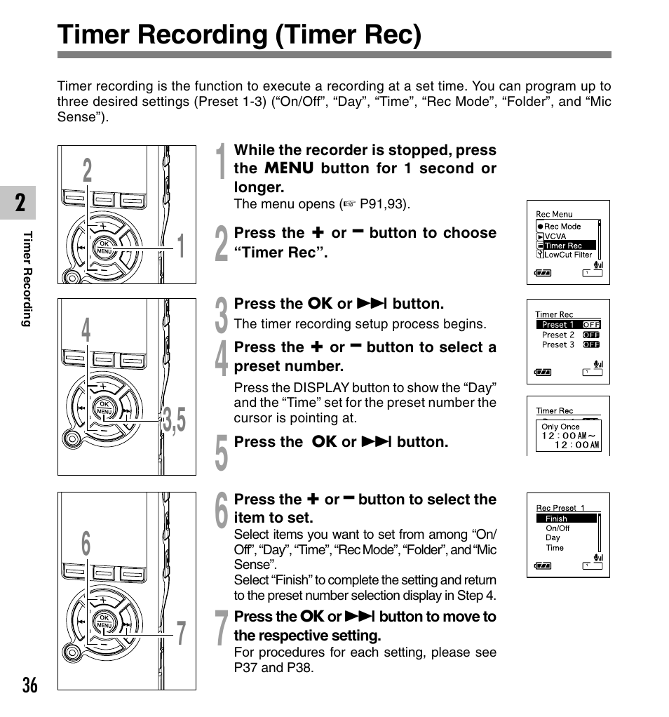 Timer recording (timer rec) | Olympus DS-50 User Manual | Page 36 / 163