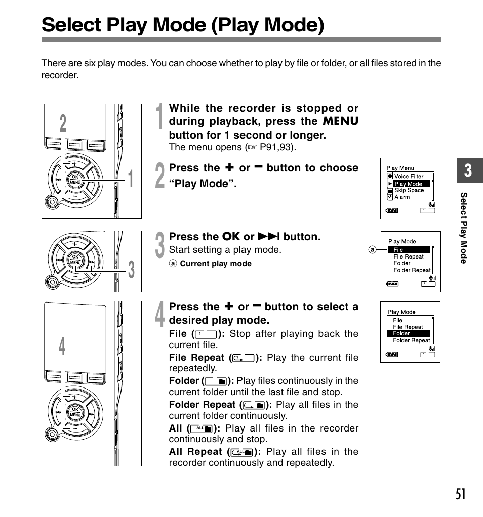 Select play mode (play mode) | Olympus DS-50 User Manual | Page 51 / 163