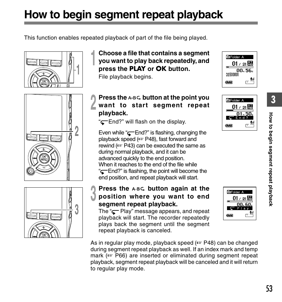How to begin segment repeat playback | Olympus DS-50 User Manual | Page 53 / 163