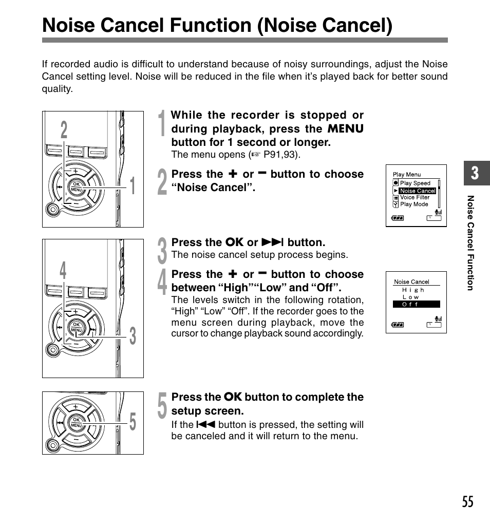 Noise cancel function (noise cancel) | Olympus DS-50 User Manual | Page 55 / 163