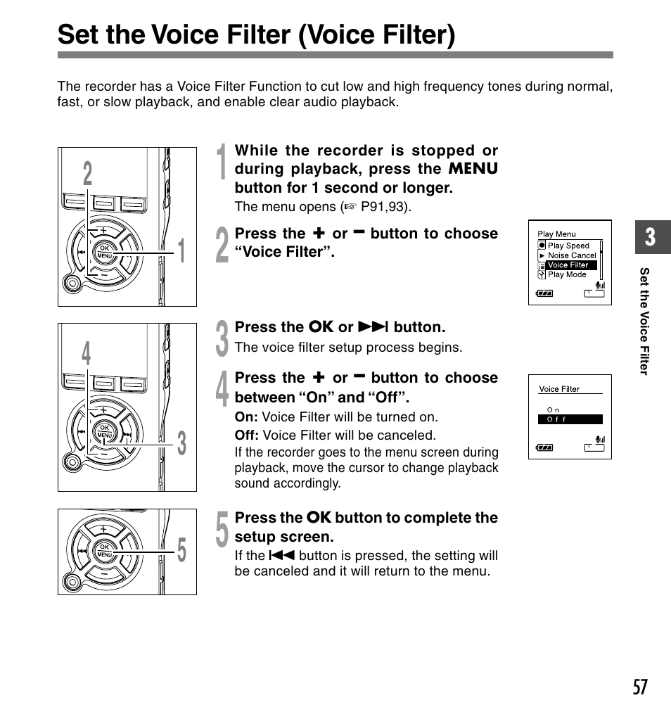 Set the voice filter (voice filter) | Olympus DS-50 User Manual | Page 57 / 163